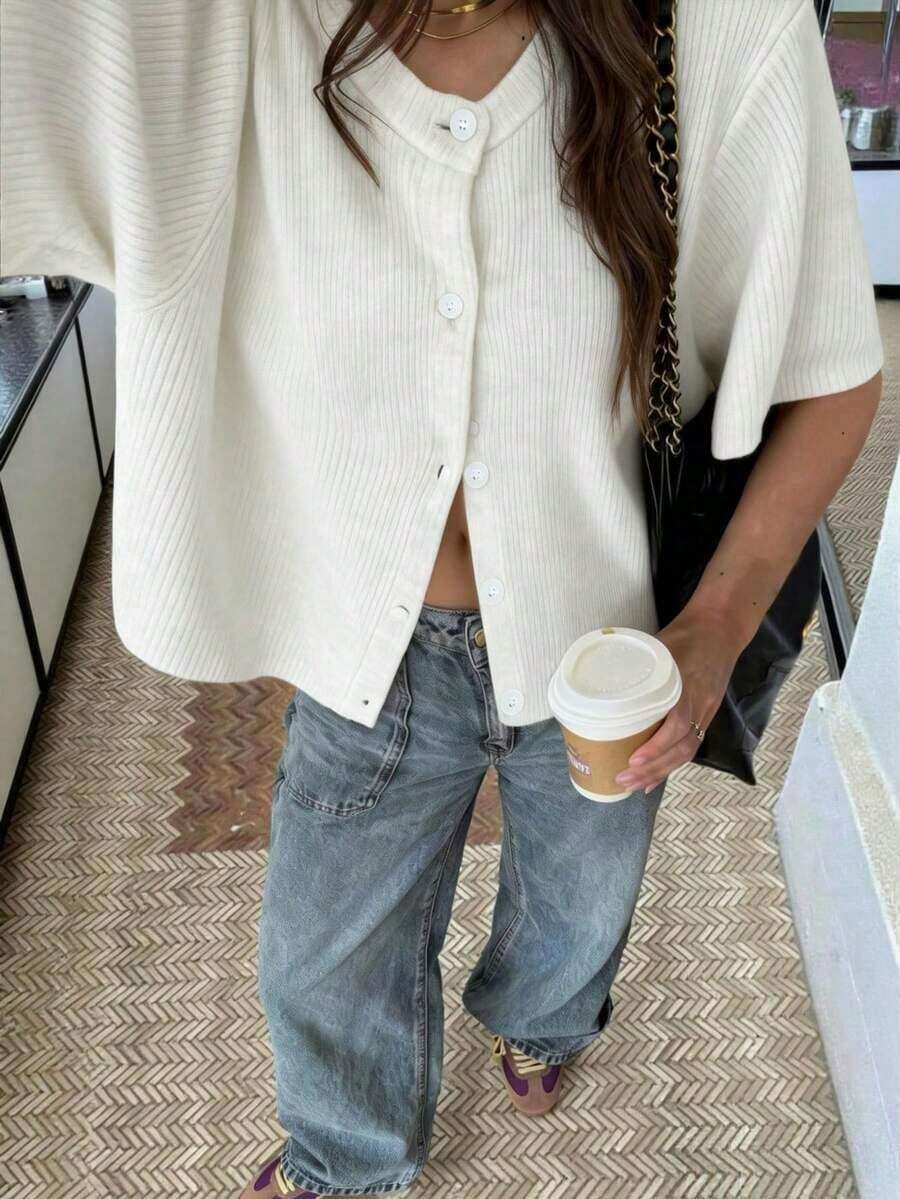 Women's Minimalist Elegant Academic Commute Modern Solid Color Button-Up Cardigan, Spring/Summer White - Milk Blue - View 1