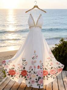 Đầm cổ yếm xếp ly họa tiết hoa đính sequin hình vỏ sò thời trang cho kỳ nghỉ hè ở bãi biển. - trắng - Xem 4