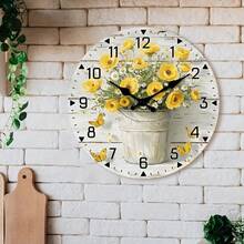 2D Flat, Vintage Yellow Bouquet Wooden Wall Clock - No Chime, Round Analog Clock, Floral Design With White Flower Pot - Perfect For Kitchen, Home Office, Library, Hallway, Apartment Decor - Size 10inch,Mothers Day Gift,Adornos Para Sala,Sunflower,House Essentials - Style/Multiple Colors/10in/25cm - View 9