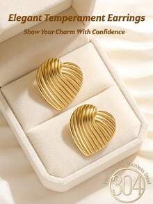 18K Gold Plated Stainless Steel Minimalist Line Heart Earrings For Women, Low Allergy, Delicate & Elegant, Fashionable Geometric Heart Pendant, Stylish Jewelry, Suitable For Daily Casual, Birthday Party, Wedding And Other Occasions - Gold - View 1