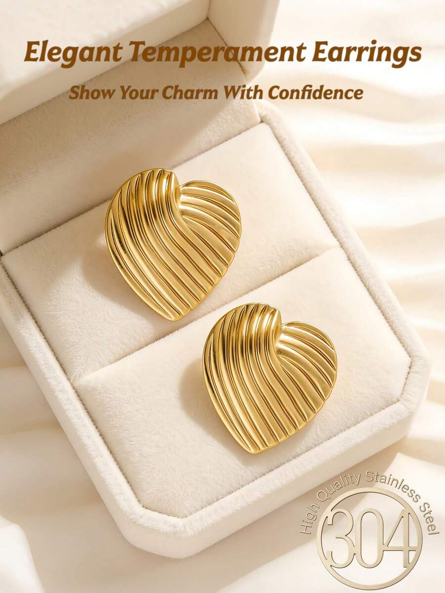 18K Gold Plated Stainless Steel Minimalist Line Heart Earrings For Women, Low Allergy, Delicate & Elegant, Fashionable Geometric Heart Pendant, Stylish Jewelry, Suitable For Daily Casual, Birthday Party, Wedding And Other Occasions - Gold - View 1