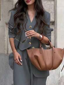 女士休闲通勤条纹夹克、裤子、背心三件套西装套装，春夏 - 淺灰色 - 查看 8