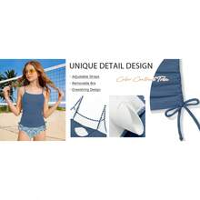 Girls Tankini Swimsuit 2 Piece Set Unique Edge Bathing Suit With Drawstring Top & Swim Briefs For 9-16Y - Gray Blue-flower - View 10