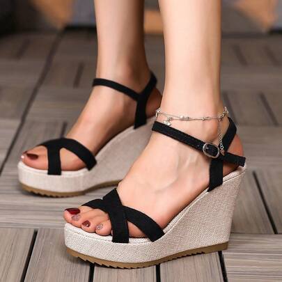 Giày sandal đế xuồng màu đen mới cho nữ, thiết kế tối giản bằng da lộn + khóa điều chỉnh, gót đế xuồng siêu cao giúp thon gọn, đế dệt chống trượt, thoáng khí thoải mái, phù hợp cho hàng ngày, hẹn hò, đi chơi, phong cách thanh lịch lấy cảm hứng từ , đa năng giúp kéo dài đôi chân, trang phục mùa hè tinh tế cho phái nữ.