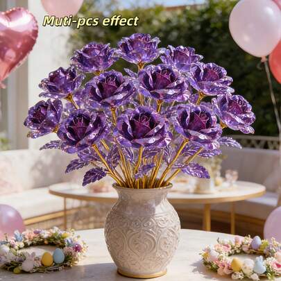 5支闪耀永生紫色水晶玫瑰花束 - 优雅闪亮塑料仿真花，逼真玫瑰花束，适用于婚礼、情人节、周年纪念日餐桌摆饰、派对装饰 - 易于保养
