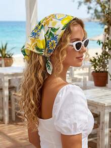 1 Stück Damen Frühlings Seiden Satin Schal, Blau Zitrone Blumen Muster, Tägliches Accessoire Geschenk, Ideal für Valentinstag oder Strandbekleidung - Chain Lemon - Übersicht 5