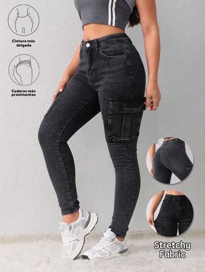 Pantalones de mezclilla skinny cargo, lavado gris negro, curvy size, elásticos, efecto levantador de glúteos, puños ajustados