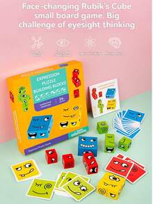 1 Set Wooden Changeable Face Expression Matching Blocks, Children's Logic Thinking Training Interactive Tabletop Game, Educational Puzzle Toy - Multicolor - View 3