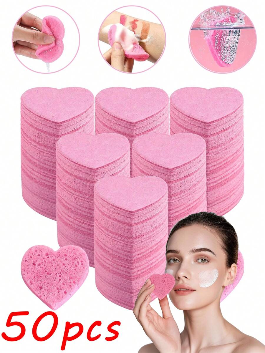 50 miếng bông rửa mặt nén, 100% cellulose tự nhiên, hình trái tim, tiện dụng, dùng để làm sạch da mặt, massage, tẩy tế bào chết, đắp mặt nạ, tẩy trang, thích hợp cho việc vệ sinh tại nhà và ngoài trời (50/20/10/5 miếng) - Hồng - Xem 1