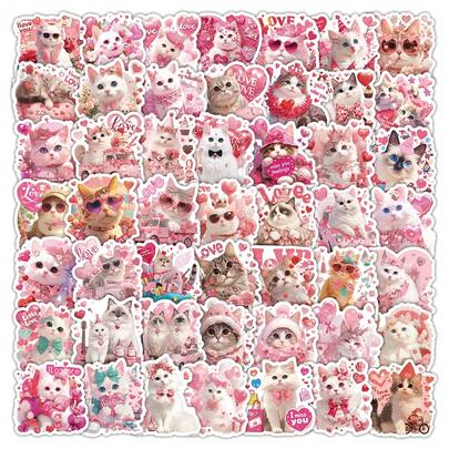 50pcs Cute Cat Stickers Vinyl Stickers, Cartoon Animal Decals For Scrapbook, Journal, Laptop, Bumper, Skateboard, Water Bottles, Computer, Phone, Hard Hat, Car, , Self, Single Use, Irregular Shape, Red, Creamy