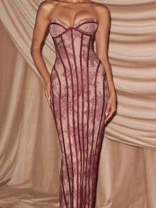 Lace Strapless Tight-Fitting Long Dress With Exquisite Vertical Lace Pattern, Bodycon Evening Party Dress For Women - Burgundy - View 2