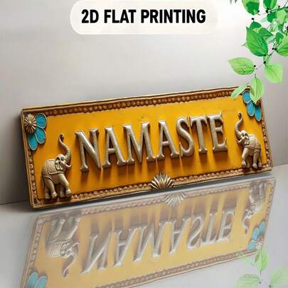 Tấm bảng kim loại phẳng 2D, một vật trang trí bằng kim loại độc đáo treo tường - Thiết kế hình voi với chữ NAMASTE và viền vàng. Thích hợp cho quán bar, phòng khách, phòng ăn, khách sạn và nhiều phòng khác, cũng có thể được sử dụng làm đồ trang trí Halloween 2026 và Giáng sinh. Đây là một tác phẩm nghệ thuật độc đáo cũng có thể được dùng làm quà tặng. Thiết kế phẳng 2D, hoàn toàn phù hợp với nhu cầu trang trí nội thất.