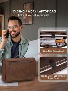 NEWHEY Bolso de mensajero de cuero para hombres, bolso para portátil de 15.6 pulgadas, maletín vintage, bolso grande para computadora, bolso bandolera para la universidad, el trabajo, los negocios y la oficina - Marrón - Ver 6
