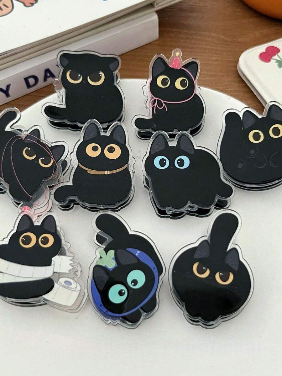 8pcs Cute Cartoon Black Cat Shaped Clips, Acrylic Material Cat Theme Clips Suitable For Notes, Exams, Office Documents, Books, Kitchen Organization - Multicolor - View 1