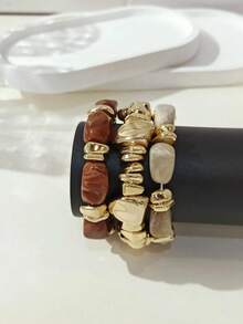 3pcs Vintage Multi-Layer Brown Acrylic Beaded Bracelet, Transformable Gold Chip Bracelet, For Women, Couples, Party, Daily Wear - 3pcs - View 3