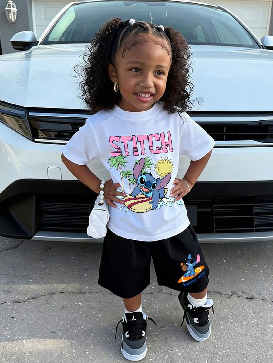 Official Authorization Disney Lilo & Stitch Summer Surf Print Kids Outfit, Toddler Girls Cute Cartoon T-Shirt & Shorts Set, Summer Casual Tracksuit For Daily Wear Theme Park Vacation, Children's Clothing Holiday Gift - trắng - Xem 1