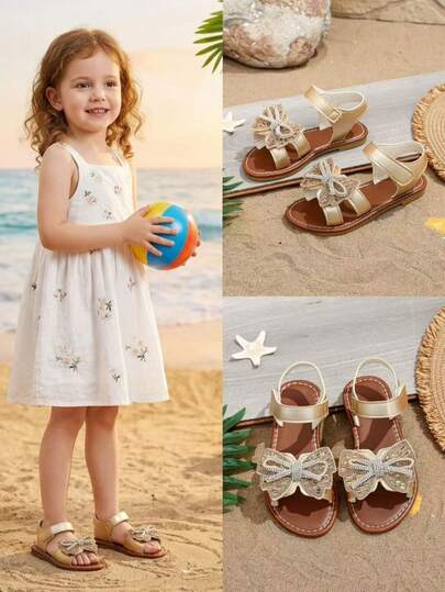 1 đôi dép xăng đan đế bằng màu vàng cho bé gái, mềm mại và thoải mái, trang trí nơ nhiều màu sắc, mũi tròn, đế mềm chống trơn trượt, dép xăng đan công chúa dễ thương phong cách Bohemian thời trang, thích hợp cho đi chơi hàng ngày, đi biển, nghỉ lễ, dự tiệc, mùa xuân/hè 2026.