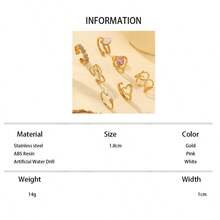 7pcs Stainless Steel Gold-Tone Rings Set With Pink Zirconia, Hollow Circle Design, Heart-Shaped Rhinestone Inlaid, High-Quality Fashion Rings, Suitable For Women Decoration Or Gifts - Yellow Gold - View 6