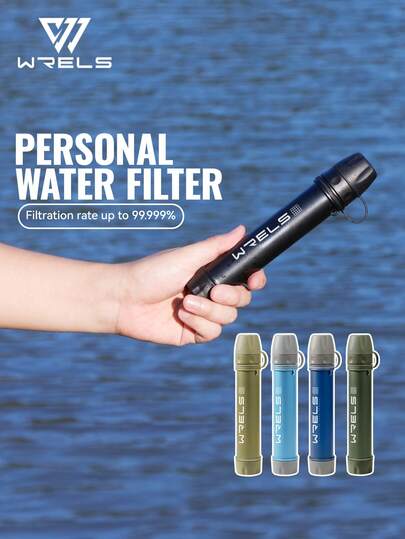  1 st WRELS bärbar utomhusvattenrenare med rem. Lämplig för utomhusbruk, lätt att bära, användbar för nödsituationer, resor, camping, vildmarksöverlevnad och dricksvattenutrustning.