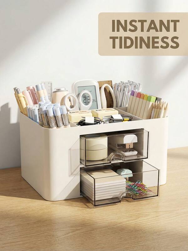 Organizador de maquillaje elegante con cajones dobles transparentes, gran capacidad, organizador de papelería de tres niveles, caja de joyas estética con múltiples compartimentos para tocador, cómoda, escritorio de dormitorio, bolígrafos para regreso a clases, baño, dormitorio, oficina y artículos esenciales de escritorio