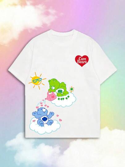 SHEIN | Care Bears 夏季女式短袖经典卡通云朵浇水熊趣味图案T恤，融合甜美治愈风与美式复古美学，日常通勤实用，适合女生郊游、夏季野餐、校园生活、购物打卡、主题市集、日常度假、假日休闲等场合，短袖上衣打造减龄时尚穿搭。