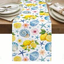 Caminho de mesa lavável com estampa de estrela-do-mar, conchas e flores de limão para decoração de festas e eventos na praia. Ideal para cozinhas e salas de jantar. Perfeito para decorar mesas durante feriados e na praia. - Multicolorido - Ver 14