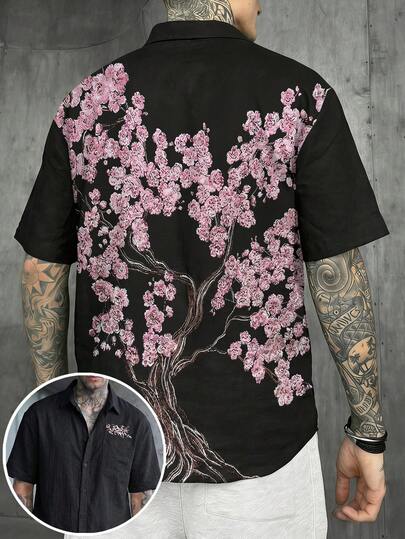  Camisa casual de verano para hombre FRACTYR con estampado de árbol de sakura en todo el diseño, de manga corta, reversible, de corte holgado, de nuevo estilo chino, transpirable y amigable con la piel