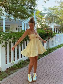 女士夏季露背打结抹胸迷你连衣裙，度假必备 - 黃色 - 查看 3