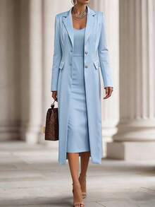 Women's Long Blazer Jacket And Solid Color Elegant Dress 2 Pieces Set, Front Button Closure, Office Wear - Blue - View 3