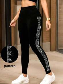 1 pieza Pantalones de punto ajustados y cortos con adorno de strass en el lateral brillante para mujer - Negro - Ver 2