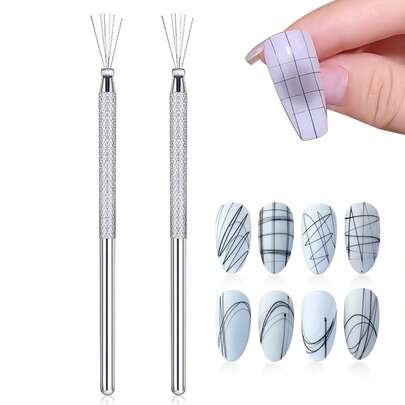 2支装美甲调色刷，多针搅拌刷，适用于凝胶指甲油，金属手柄丙烯酸凝胶搅拌工具