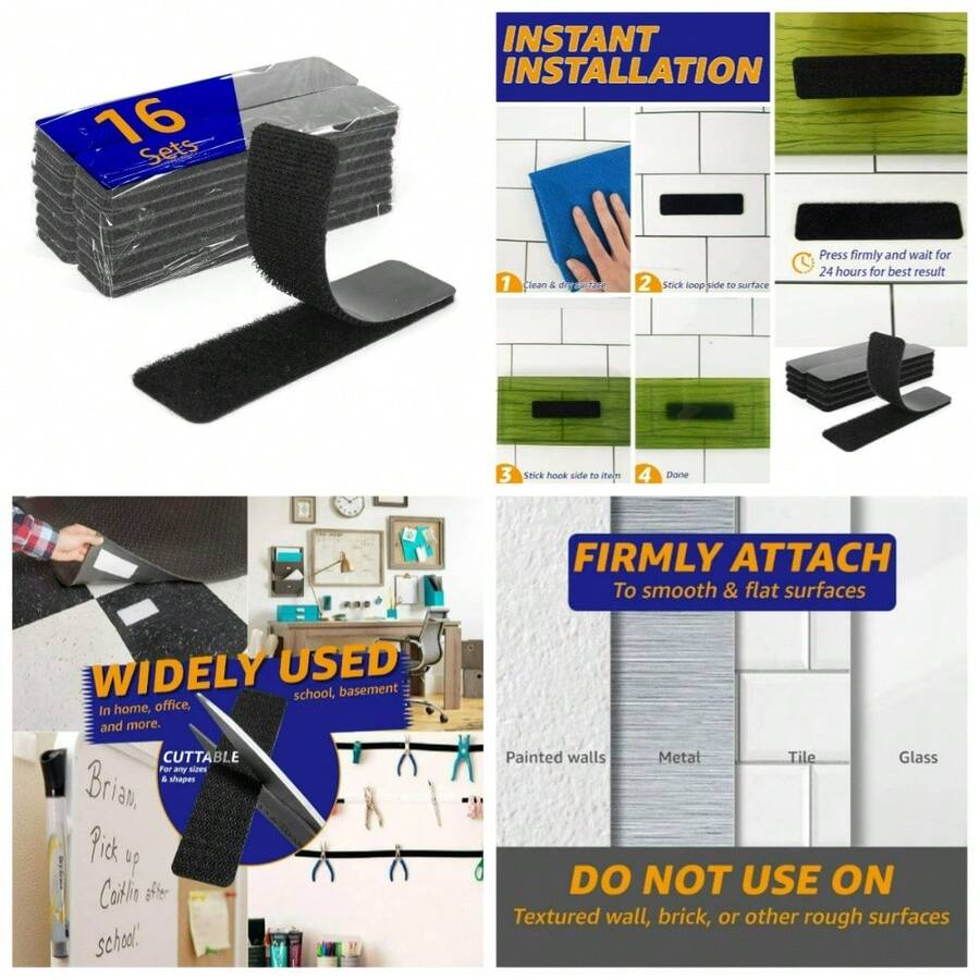 16 Pairs 1x4 Inch Heavy Duty Adhesive Hook And Loop Strips Double Sided Fastener Tape For School Classroom Office Home Use Black - 1 - 查看 1