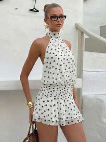 New European And American Style Fashion Halter Backless A-Line Polka Dot Print Tie Waist Dress White Wedding Party - White - View 11