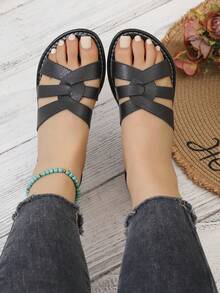 Women's Metal Woven Criss-Cross Slide Sandals, Women's Flat Slippers - Black - View 7