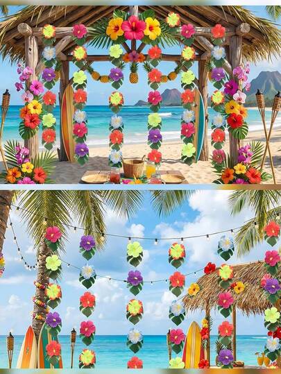 21/42pcs Artificial Summer Tropical Hawaiian Wreaths, Fake Palm Leaves & Hibiscus Flower Hanging Decor, Green Vine Palm Leaf Garlands For Wedding Party, Hawaiian Banquet & Indoor Outdoor Summer Beach Party Supplies