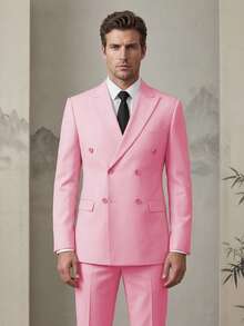 Mens Double Breasted Suit 2 Piece Slim Fit Peak Lapel Wedding Groom Prom Statement Blazer Pants(Suit+Pants)(XS-3XL) - 粉色 - 查看 8