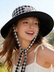 夏季韩版宽檐渔夫帽，格子宽檐系带遮阳帽，显脸显瘦防晒帽，多功能户外女帽，沙滩度假帽 - 彩色 - 查看 1