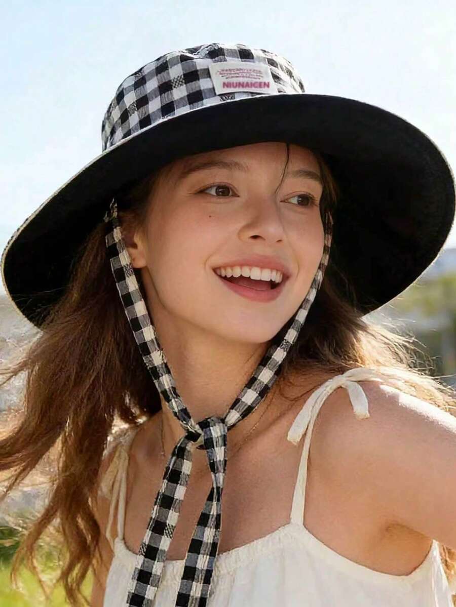 夏季韩版宽檐渔夫帽，格子宽檐系带遮阳帽，显脸显瘦防晒帽，多功能户外女帽，沙滩度假帽 - 彩色 - 查看 1