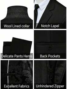 Men's 3 Piece Suit Slim Fit Solid One Button Party Wedding Tuxedo Suits Blazer Jacket Vest Pants Set - 黑色 - 查看 3