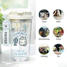 1 pieza/5pcs Botella de agua de 500ml con estampado de gato gris lindo, Body de doble pared con asa, tapa abatible a prueba de fugas, diseño de gato de verano, adecuada para oficina y escuela - Multicolor - Ver 6