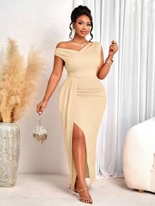 BIUBIU 大码女士优雅性感修身长裙 - 米色不对称领口褶皱高开衩设计，适合婚礼宾客、派对、宴会等夏季场合 - 杏色 - 查看 5