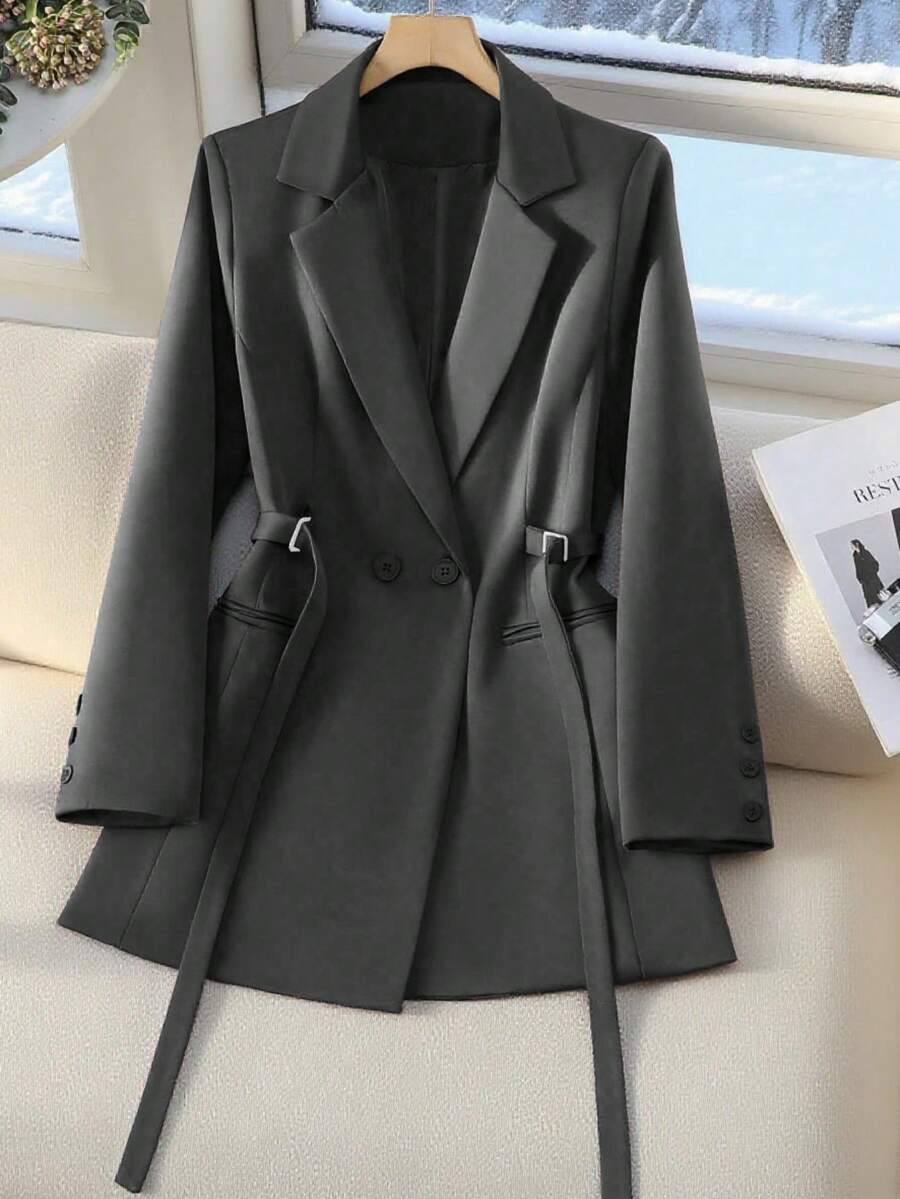 Áo blazer nữ màu nâu, thắt eo, hai hàng cúc, dáng suông, thích hợp mặc đi làm, chất liệu vải mềm mại, thanh lịch, phù hợp với phụ nữ từ 25-45 tuổi, mùa xuân. - Màu xám đen - Xem 1