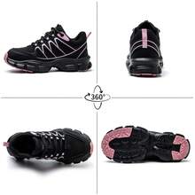 UMBURLLY Safety Shoes For Women, Anti-Smash Steel Toe Puncture-Resistant Kevlar Fashion Stripes Outdoor Ladies Work Shoes Workshop Industrial Safety Boots Autumn And Winter - 黑色 - 查看 10