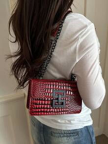 2026新款欧美复古时尚女士斜挎小方包带链条 - 酒紅色 - 查看 5