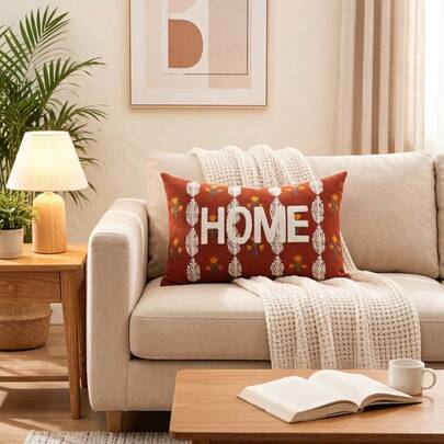 1pc HOME Embroidered Throw Pillow Cover 12x20 Inch - Outside Spring Summer Boho Decorative Pillow Cover With Zipper For Living Room Couch Sofa Bed Aesthetic Design Flower Bee Cushion Pillowcase Rusty Brown