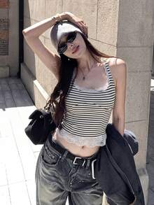 Rikumo 條紋針織面料蕾絲拼接女款吊帶背心休閒夏季款 - 黑白條紋 - 查看 4