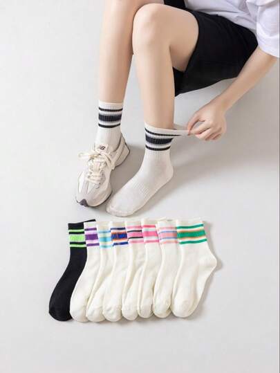 9-Color Random Color Double-Straps White Mid-Calf Socks, Suitable For Campus Sports, Breathable And Odor-Resistant For Both Boys And Girls, Rainbow Color