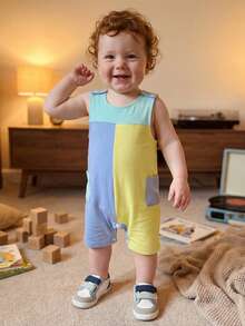 Baby Boys Summer Romper Casual Contrast Colors Sleeveless Jumpsuit For Newborn Toddler Cute Clothes - Blue - View 5