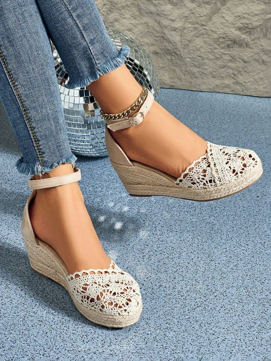Sepatu Kasual Wanita Bertali Platform Tali Linen, Sandal Anyaman Jerami Bertumit Tinggi Berongga Berpori dengan Ujung Bulat dan Hak Wedges yang Bernapas, Sandal Nelayan Serbaguna untuk Pantai & Pesta, Musim Semi/Panas - Aprikot - View 1