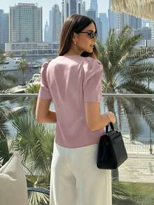 Áo kiểu nữ màu nâu cổ tròn, tay phồng, cài cúc phía trước, áo blazer tay ngắn thời trang, màu hồng mùa hè. - Hồng - Xem 3